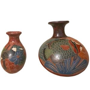 Pair Hand Sculpted Pottery Fish And Bird Vase Hand Tooled